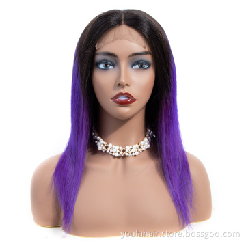 180% Density Virgin Natural Straight 14-26 Inch Brazilian Remy Ombre 1B Purple 4x4 Lace Closure Human Hair Wigs for Black Women